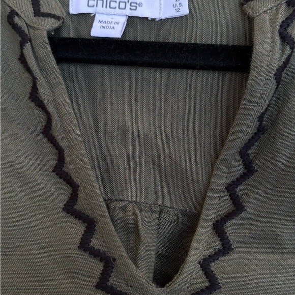 Chico’s size 2  Linen Blouse Boho puffy sleeves L 12 Women’s beaded Green boho - Picture 5 of 11